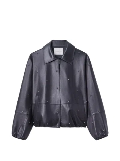 Lafayette 148 Stud-embellished Leather Bomber Jacket In Blue