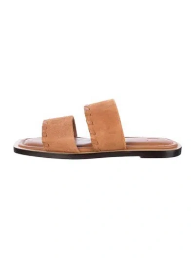 Pre-owned Lafayette 148 Suede Whipstitch Trim Slides In Brown