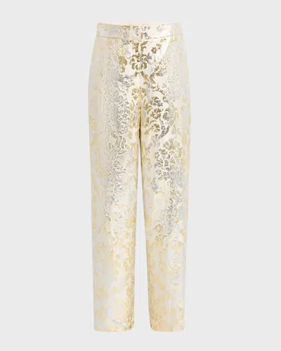 Lafayette 148 Sullivan High-rise Metallic Jacquard Pants In Pearl Metallic