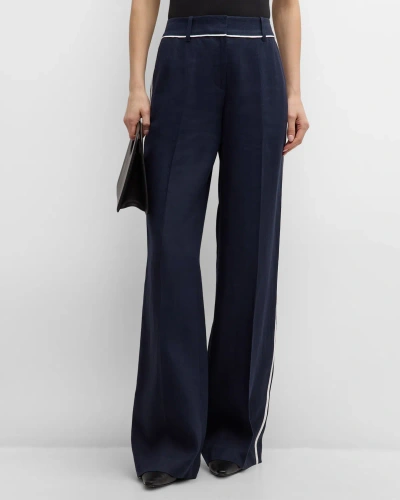 Lafayette 148 Sullivan Pleated Contrast-trim Pants In Ink