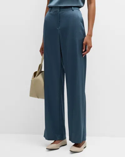 Lafayette 148 Sullivan Straight-leg Satin Pants In Slate Blue