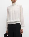 Lafayette 148 Turtleneck Blouson-sleeve Silk Georgette Blouse In Cloud