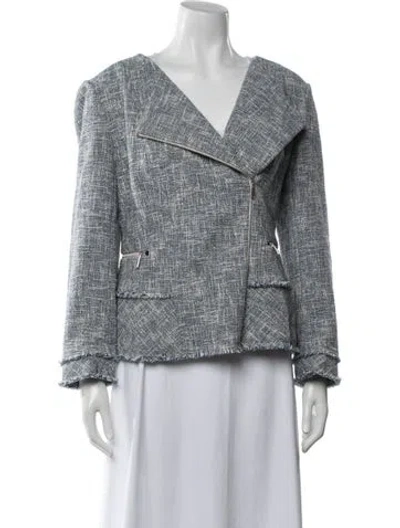 Pre-owned Lafayette 148 Tweed Pattern Biker Jacket In Blue