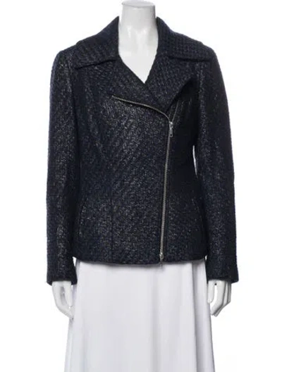 Pre-owned Lafayette 148 Tweed Pattern Biker Jacket In Blue