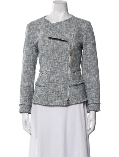 Pre-owned Lafayette 148 Tweed Pattern Biker Jacket In Blue