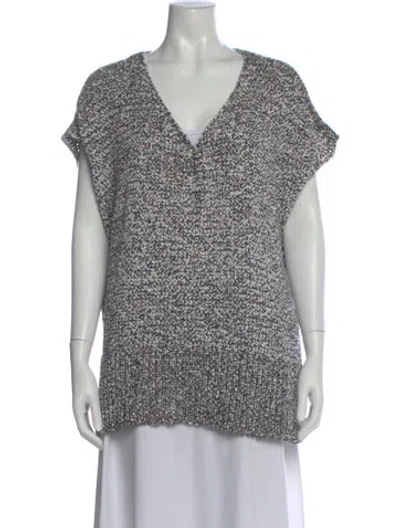 Pre-owned Lafayette 148 Tweed Pattern V-neck Sweater In White