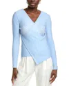 Lafayette 148 New York Printed Wrapped Front V-neck Silk-blend Sweater In Blue