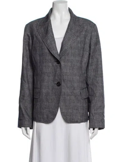 Pre-owned Lafayette 148 Virgin Wool Plaid Print Blazer In Blue