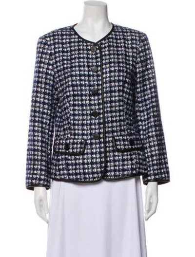 Pre-owned Lafayette 148 Virgin Wool Plaid Print Evening Jacket In Blue