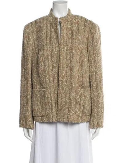 Pre-owned Lafayette 148 Virgin Wool Tweed Pattern Faux Fur Jacket In Brown
