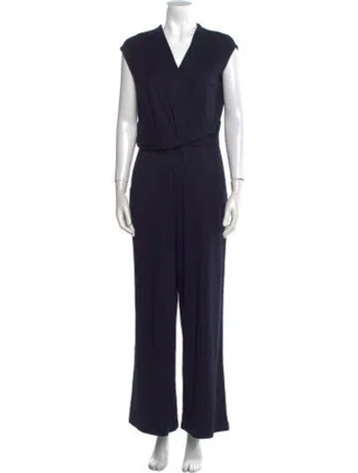 Pre-owned Lafayette 148 V-neck Jumpsuit In Blue