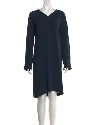 Pre-owned Lafayette 148 V-neck Knee-length Dress In Blue