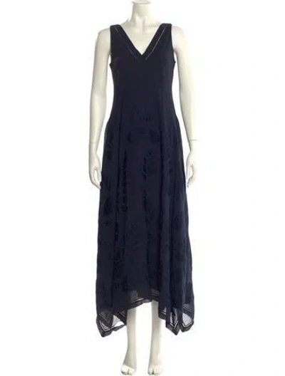 Pre-owned Lafayette 148 V-neck Long Dress In Blue