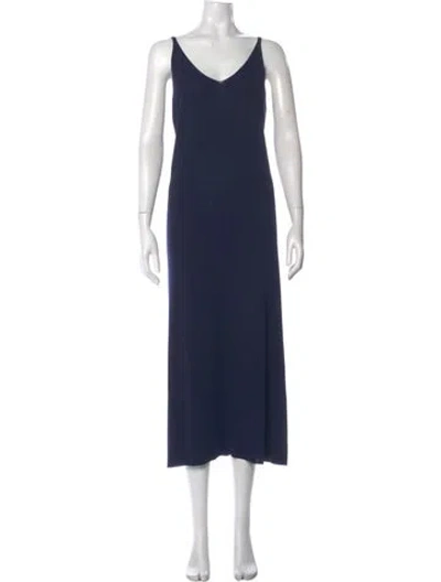 Pre-owned Lafayette 148 V-neck Long Dress In Blue