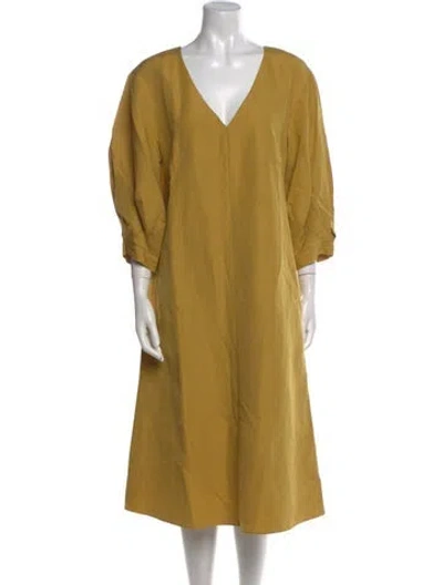 Pre-owned Lafayette 148 V-neck Midi Length Dress In Yellow