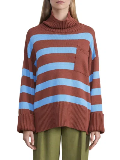 Lafayette 148 Cotton-silk Tape Striped Stand Collar Sweater In Amber Brown Multi