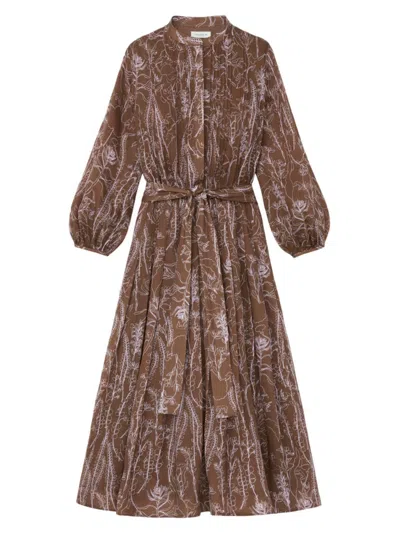 Lafayette 148 Flora Print Sustainable Gemma Cloth Voile Pintuck Midi Dress In Deep Acorn Multi