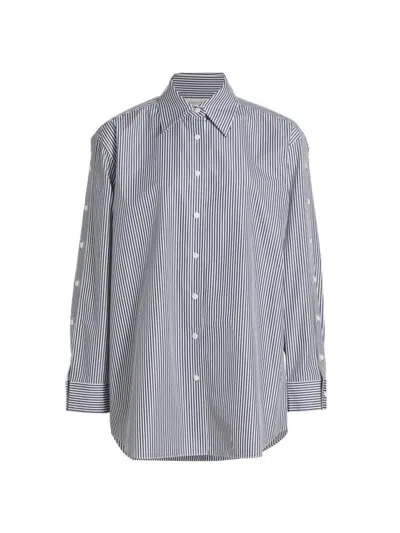 Lafayette 148 Button Sleeve Oversized Cotton Shirt In Midnight Blue Multi