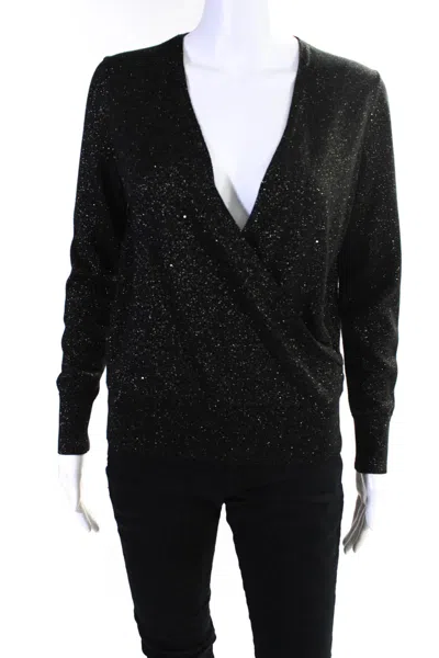 Lafayette 148 Womens Metallic Wrap Sweater Blouse Black Gold
