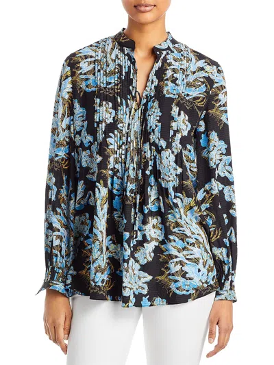 Lafayette 148 Womens Pintuck Floral Print Blouse In Blue