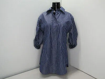 Pre-owned Lafayette 148 Womens Shirt Retro Blue Multi Size L Striped Side Slit Button Down