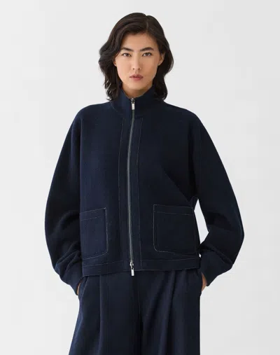 Lafayette 148 Wool Cashmere Double Knit Zip Front Bomber Jacket In Ink/nickel Melange