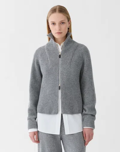 Lafayette 148 Wool Cashmere Fisherman's Rib Cardigan In Nickel Melange