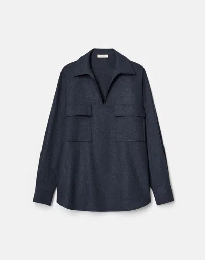 Lafayette 148 Wool-cashmere Flannel Pocket Popover Shirt In Blue