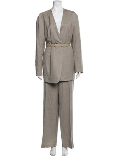 Pre-owned Lafayette 148 Wool Leather Trim Embellishment Pantsuit In Grey