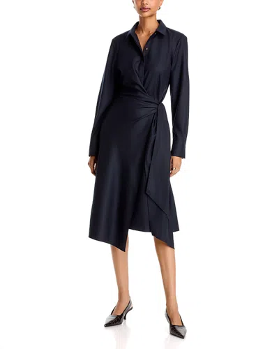 Lafayette 148 Wool Long Sleeve Wrap Midi Dress In Blue
