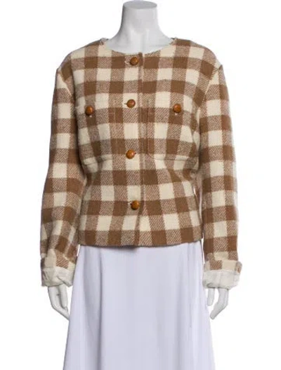 Pre-owned Lafayette 148 Wool Plaid Print Evening Jacket In Brown