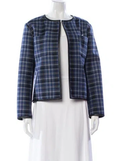 Pre-owned Lafayette 148 Wool Plaid Print Jacket In Blue