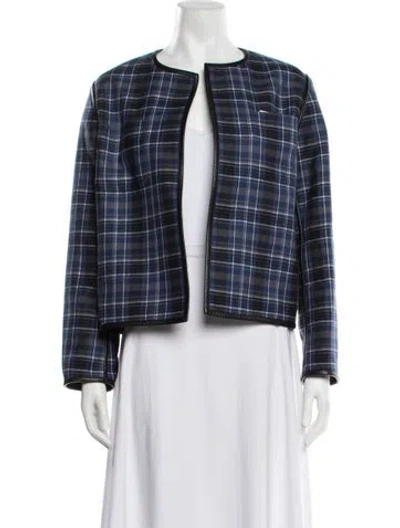 Pre-owned Lafayette 148 Wool Plaid Print Jacket In Blue