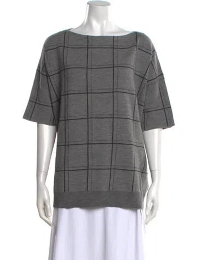 Pre-owned Lafayette 148 Wool Plaid Print Sweater In Gray
