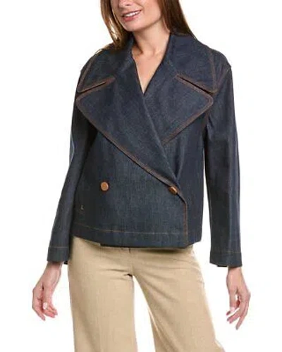 Pre-owned Lafayette 148 York Double Breasted Leather-trim Jacket Women's Blue M/l