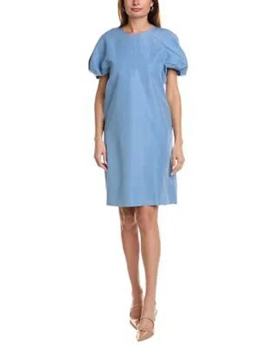 Pre-owned Lafayette 148 York Lantern Sleeve Silk & Linen-blend Dress Women's Blue M