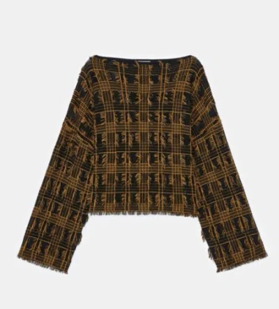 Pre-owned Lafayette 148 York Plaid Jacquard Knit Fringed Sweater Shirt $1298 M/l In Multicolor