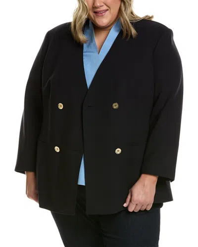 Pre-owned Lafayette 148 York Plus Collarless Double-breasted Wool-blend Blazer Women's In Blue