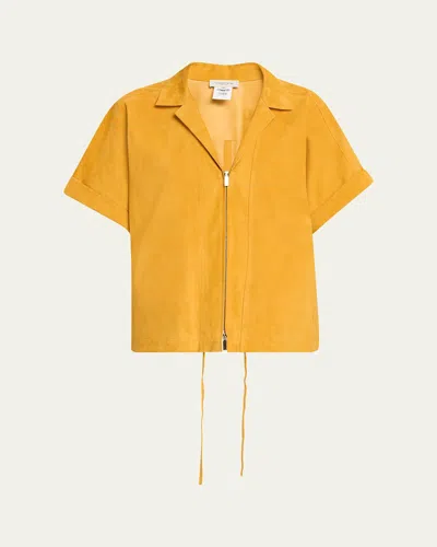 Lafayette 148 Zip-front Suede Blouse In Gold