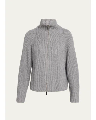 Lafayette 148 Zip-front Rib Knit Cardigan In Nickel Melange
