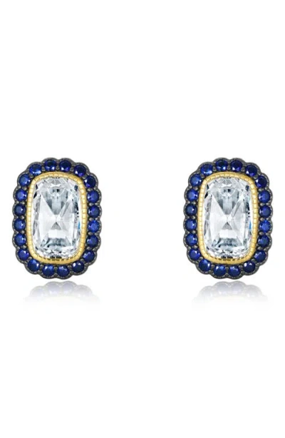 Lafonn Art Deco Simulated Diamond Halo Stud Earrings In Blue/gold