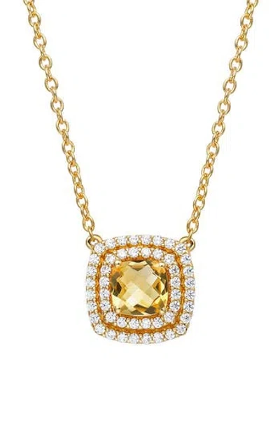 Lafonn Citrine & Simulated Diamond Double Halo Cushion Pendant Necklace In Gold