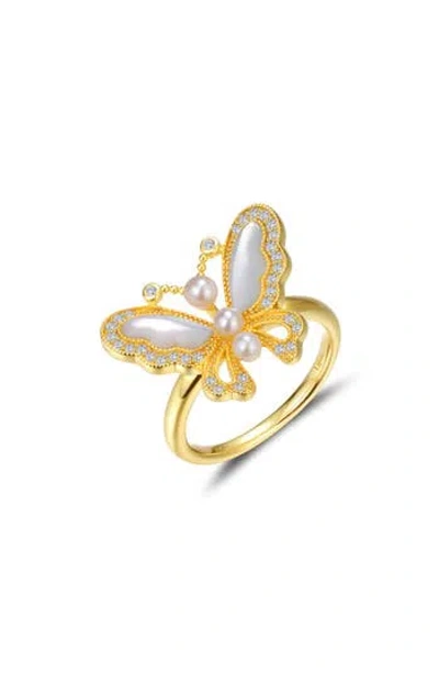 Lafonn Cultured Freshwater Pearl, Mother-of-pearl & Simulated Diamond Butterfly Ring In Gold/white