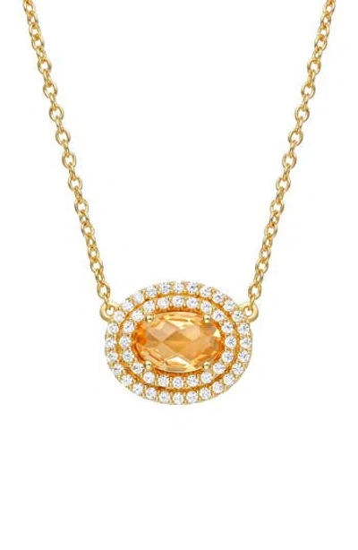 Lafonn Platinum Bonded Sterling Silver Citrine & Simulated Diamond Halo Oval Pendant Necklace In Gold