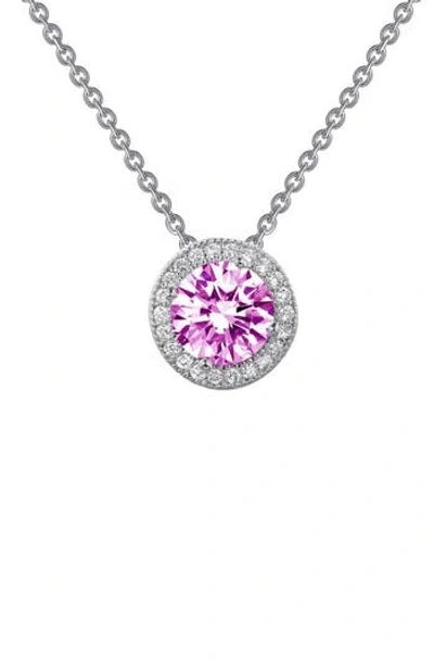 Lafonn Platinum Bonded Sterling Silver Simulated Diamond Halo & Created Pink Sapphire Pendant Neckla