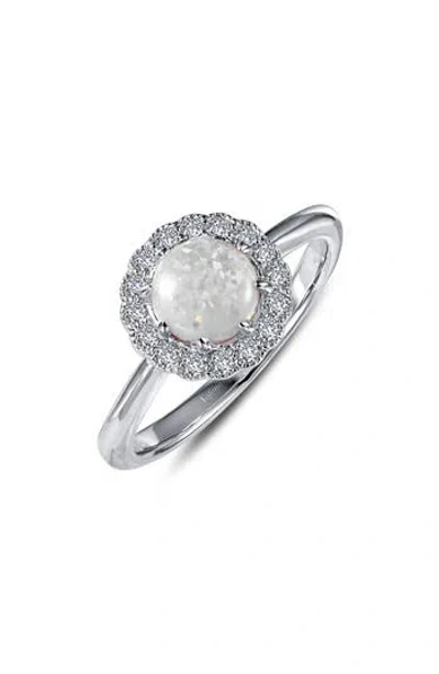 Lafonn Platinum Bonded Sterling Silver Simulated Opal & Simulated Diamond Halo Ring In White/silver