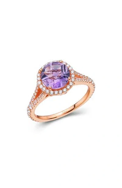 Lafonn Rose Gold Plated Sterling Silver Round Cut Amethyst & Simulated Diamond Halo Split Shank Ring