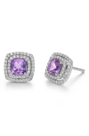 Lafonn Semiprecious Stone & Simulated Diamond Double Halo Cushion Stud Earrings In White/ Amethyst