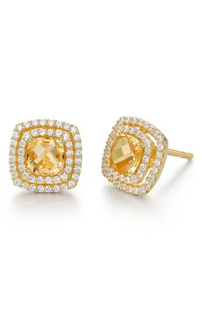Lafonn Semiprecious Stone & Simulated Diamond Double Halo Cushion Stud Earrings In White/citrine