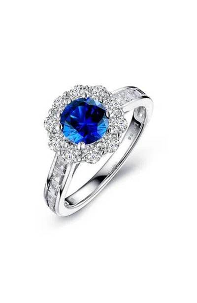 Lafonn Sterling Silver, Simulated Diamond & Lab-grown Sapphire Round Halo Ring In Metallic